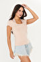 Beige Ultra Soft, Lace-Up, 95% Natural Viscose, No Visible Lines, Fully Stretchable, Short Sleeve T-Shirt Blouse - 6