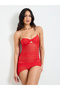 Red Pearl-Strap Mesh Slip with Brief
