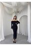 Women's Black Strapless Long Sleeve Flounce Lace Midi Bodycon Dress - 6