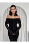Women's Black Off Shoulder Lace Embroidered Long Sleeve Midi Dress