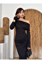 Women's Black Midi Dress Asymmetrical Collar Long Sleeve Draped Slim Fit - 5