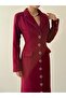 Women's Burgundy Long Cashmere Jacket with Collar, Buttons, Pockets, and Flared Cut - 7