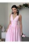 Women's Pink Maxi V-Neck Buttoned Side Tie Sleeveless Poplin Dress - 5