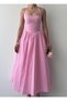 Women's Pink Halter Neck Square Neck Shirred Skirted Poplin Midi Dress - 2
