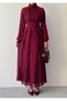 Women's Burgundy Chiffon High Neck Long Balloon Sleeve Belted Ruffle Maxi Dress - 2