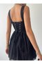Women's Black Mini Dress with Strappy Bodice Detail and Lace Trim - 4