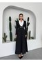 Women's Black Shawl Collar Contrast Detailed Long Sleeve Flared Midi Dress - 6