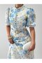Women's Floral D. Blue Floral Patterned Belt Detailed Stand Collar Balloon Sleeve Midi Dress - 8