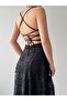 Women's Black Strappy Back Tie Square Neck Lace Long Evening Dress - 3