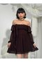Women's Coffee Mini Dress Chiffon Boat Neck Balloon Sleeves Gathered Flounces