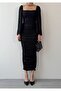 Women's Black Midi Dress Square Neck Draped Tulle Long Sleeve Fitted - 2