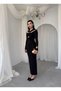 Women's Black Midi Dress with Draped Brooch Detail, Long Sleeves, Fitted Fit - 8