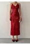 Women's Red Midi Dress with Straps, V-Neck, Sequins and Open Back - 2