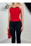 Women's Red Strapless Crop Blouse with Lace Detail and Lace-Up Back, Fitted - 3