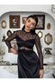 Women's Black Midi Dress Lace Transparent Detailed Satin Long Sleeve Evening Dress
