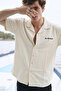 Men's Oversize Shirt with Embroidered Back Lettering - Natural