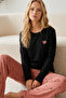 Black Patterned Embroidered Cotton Lycra Knitted Pajama Set26240352
