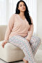 Salmon Patterned Buttoned Cotton Lycra Large Size Oversized Knitted Pajama Set26240917