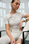 Fasley Women's Soft and Stretchy Fabric Buckle Detail Slim Fit Ecru Blouse - 5
