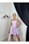 Women's Pink Thin Strap Square Neck Plaid Patterned Flared Mini Dress - 5