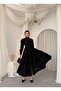 Women's Black Midi Dress with Stand Collar, Ruffle Detail, Belted, Buttoned, Lace Trim - 7