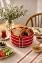 Beige Round Bread Basket, Bread Serving Presentation Basket, Red Macrame Multi-Purpose Stainless Metal