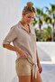 Beige Shirt Collar 3/4 Sleeves Buttoned Pockets Tieable Waist Brodeled Back Cotton Woven Blouse 65 60 - 5