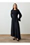 Asymmetrical Cut Gold Sleeve Accessory Detailed Hijab Dress - Black -