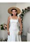 Women's Ecru Midi Dress Square Collar Lace Strap Layered Skirt Poplin Textured