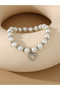 White Pearls and Rhinestone Embellished with Heart Charm Bracelet