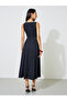 Black Solid Square Neck Sleeveless A-Line Midi Dress - 6