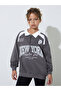 Teen Girls Grey Oversized Graphic Polo Sweatshirt