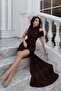 Women's Brown Draped Gathered Asymmetrical Slit Dress - 4