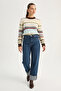 Women's Crew Neck Soft Textured Striped Brown Beige Sweater - 3