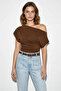 Women's Asymmetrical Waist-Fitted Viscose Bat Sleeve Brown Blouse - 4