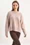 Women's Crew Neck Wool Blend Knitwear Mink Sweater with Side Slits - 3