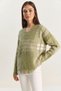 Women's Plaid Patterned Shawl Collar V-Neck Knitwear Light Green Sweater - 2