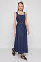 Women's Wide Collar Strap Belted Flared Denim Navy Blue Dress - 3