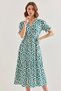 Women's Double-Breasted Collar, Elastic Waist Belted, Flared Green Dress - 5