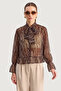 Women's Drawstring Sleeve Detailed Patterned Chiffon Bitter Brown Blouse with Tie Collar - 3