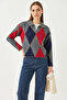 Women's Polo Collar Patterned Knitwear Anthracite Navy Blue Sweater - 5