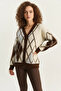 Women's V-Neck Buttoned Diamond Patterned Brown Ecru Cardigan - 2