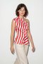 Women's Striped Volan Detailed One-Shoulder Lined Satin Ecru Red Blouse - 3