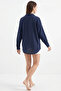 Women's Single Pocket Oversize Linen Shirt with Pockets, Dark Navy Blue - 6