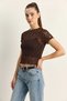 Women's Crew Neck Short Sleeve Transparent Lace Bitter Coffee Blouse - 2