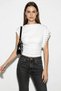Women's Boat Neck Eyelet Studded Side Gathered Waist Fitted Draped White Blouse - 4