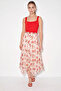 Women's Lined Elastic Waist Floral Patterned Asymmetrical Cut Crush Effect Chiffon Skirt De Red - 3