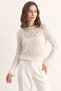 Women's Openwork Crew Neck Flounce Sleeves Lightweight Flowy Knitwear Ecru Sweater - 4