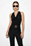 Women's Degaje Collar Halter Neck Draped Black Blouse with Accessory Belt