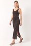 Women's V-Neck Slit Detailed Openwork Black Dress - 3